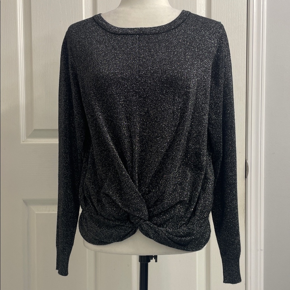 Molly Bracken Black Knit Top Silver Sparkle Twist Front Crew Neck Long Sleeve